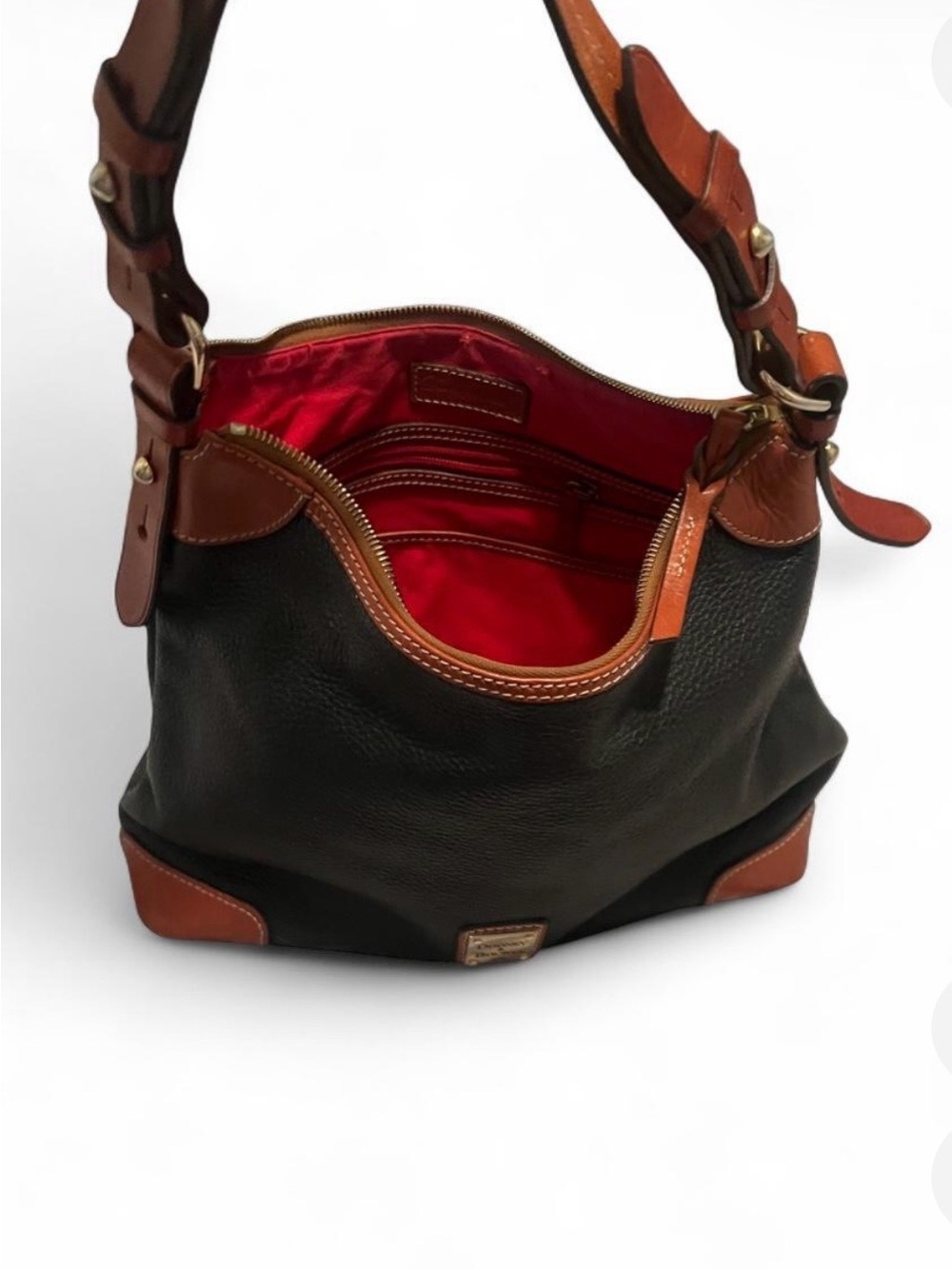 Dooney & Bourke Black Pebbled Leather Hobo with Brown Trim and Red Lining